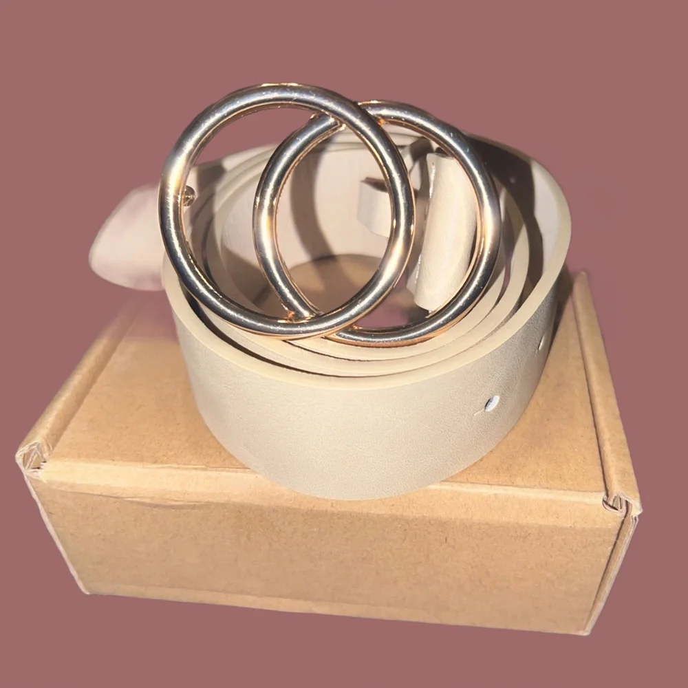Golden Double Circle Buckle Elegant Cream Ivory Belt NWT NEW work school